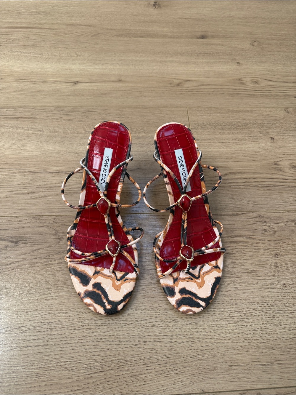 Steve Madden Red Croc-Insole Animal Print Strappy Heels